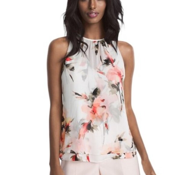 White House Black Market WHBM Floral Crew Neck Tie Back Flowy Blouse Size XS EUC - Picture 7 of 9